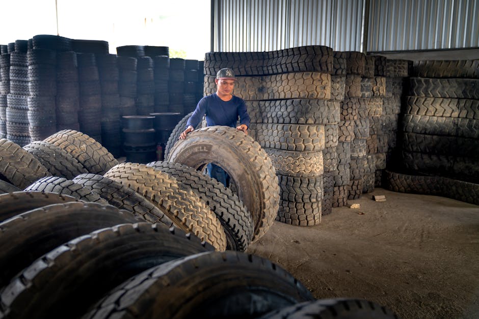 Organized stacked tires in a dedicated storage warehouse